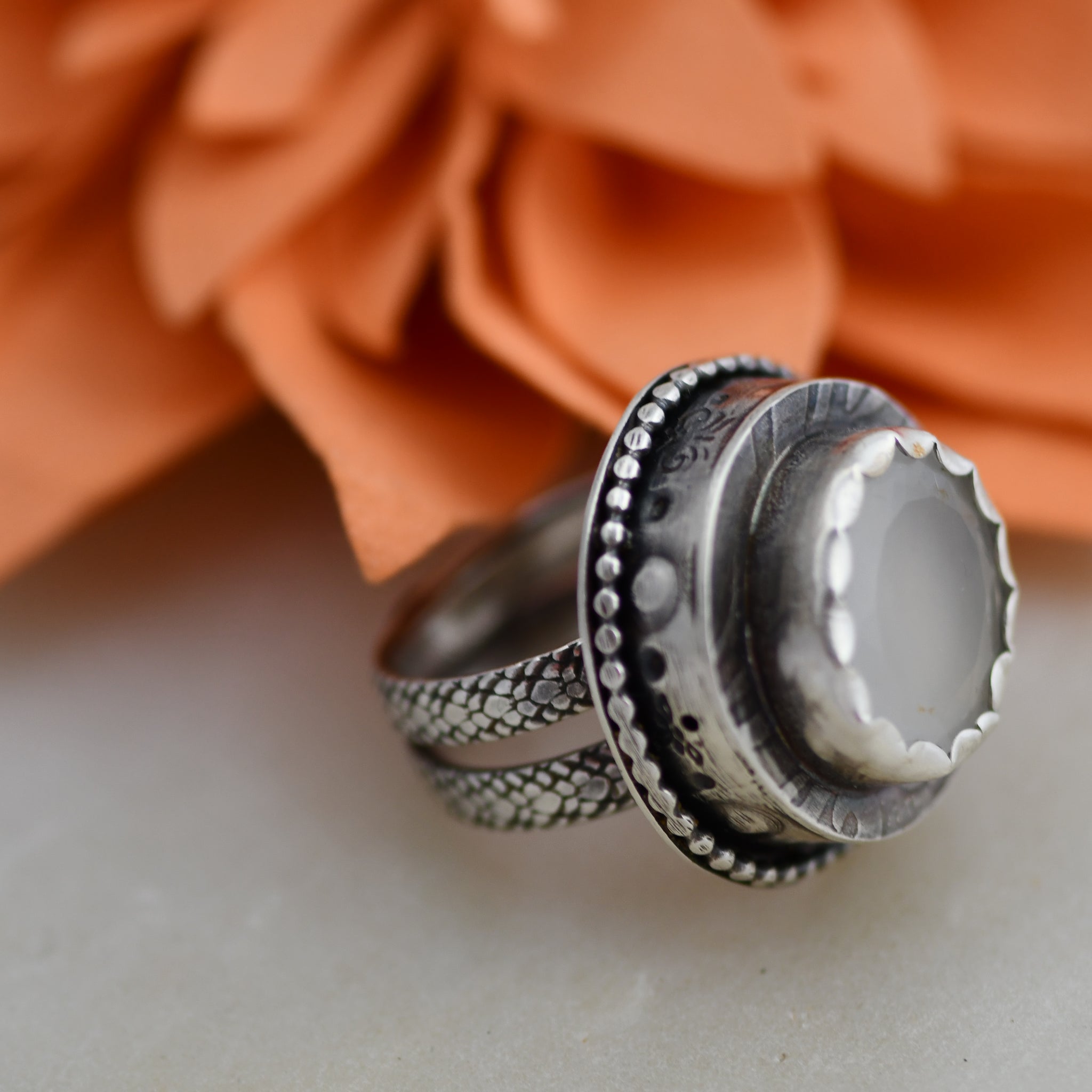 Vintage Sterling Silver Ring with Tumbled Crystal Faceted Stone