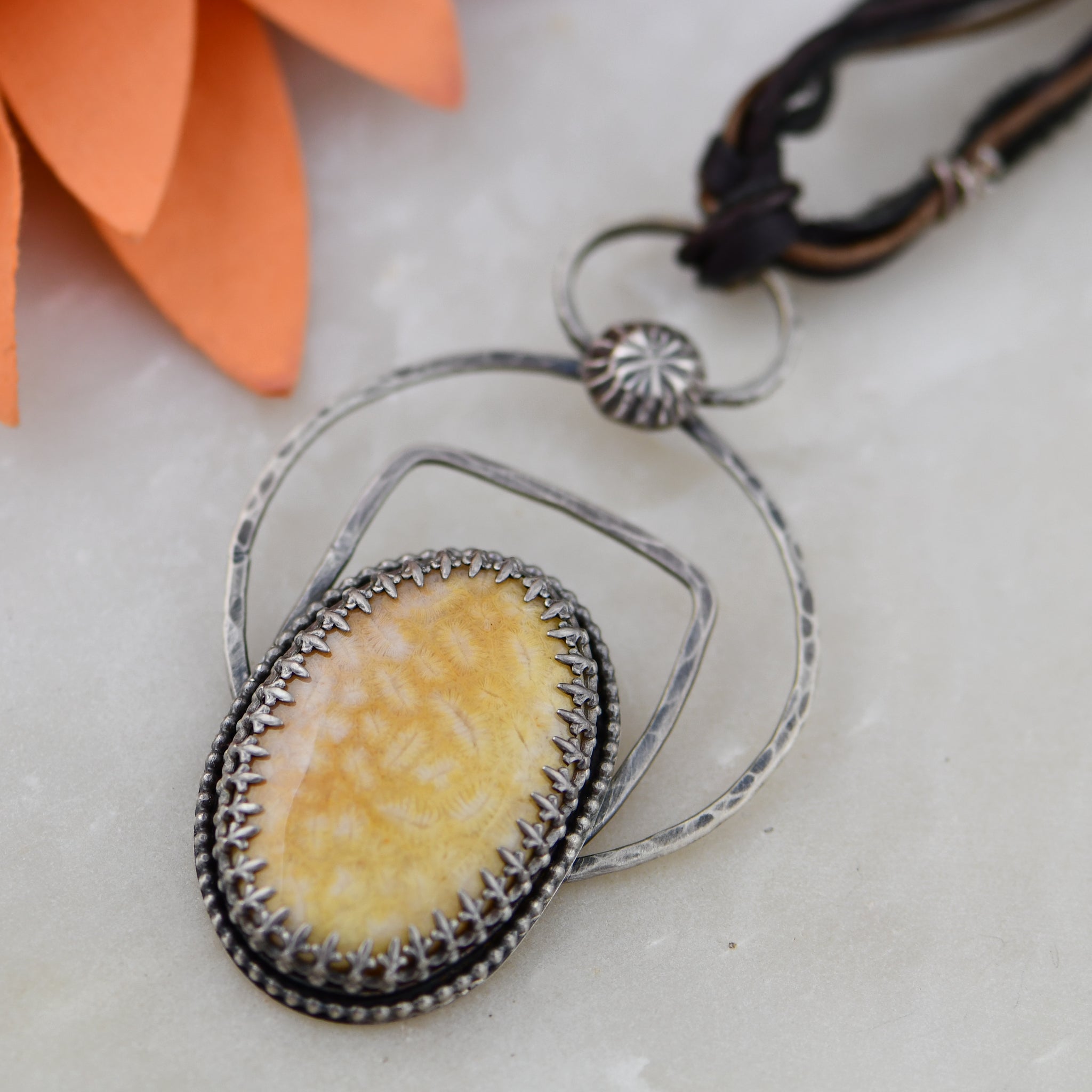 Handcrafted Fossil Coral Pendant with Sterling Silver Accents