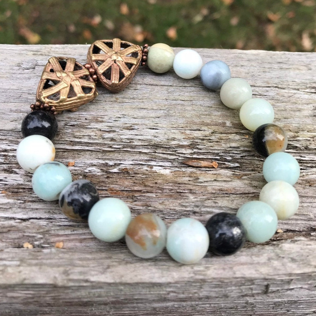 Amazonite and African Brass Triangle Bead Bracelet