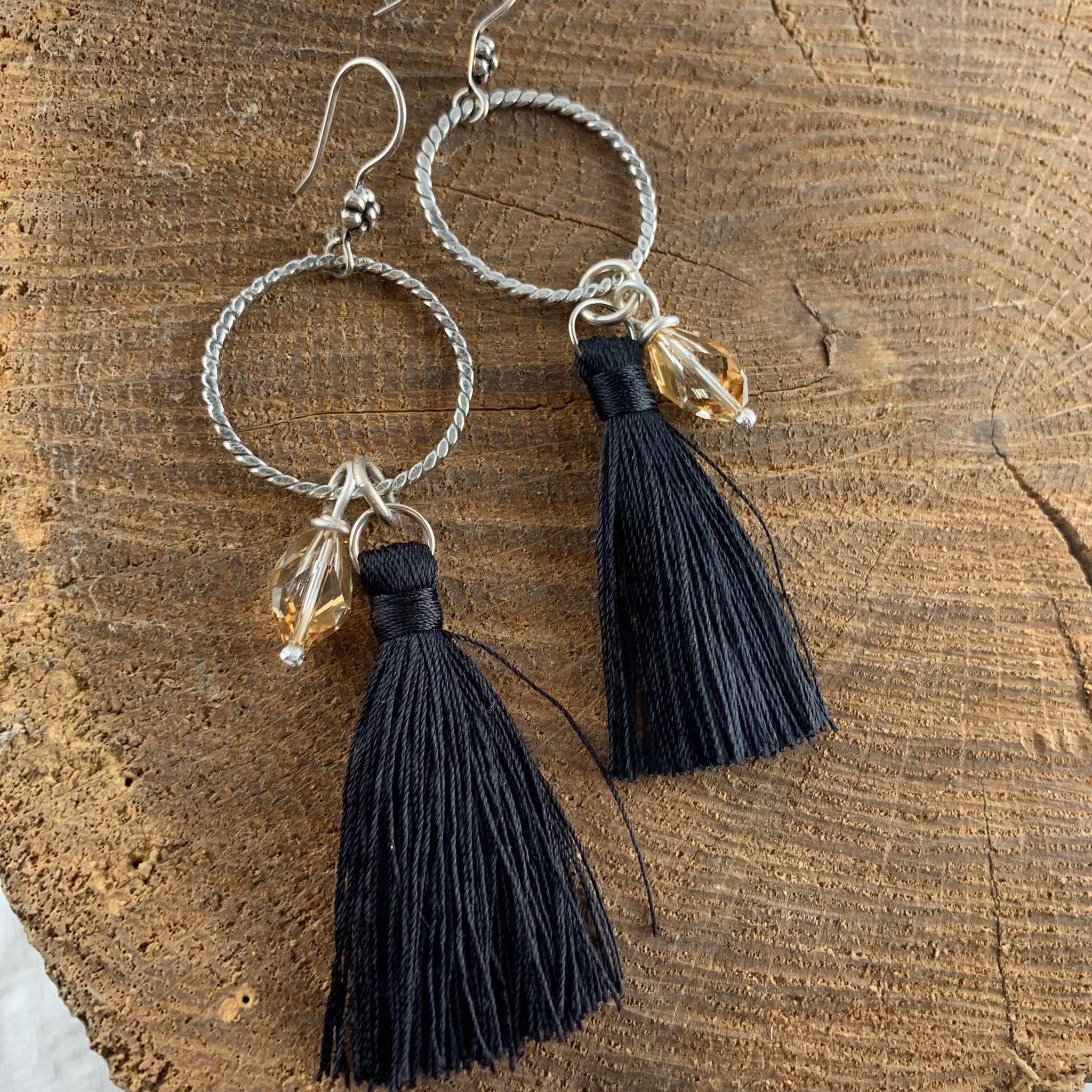 Silver Hoops and Black Satin Dangles