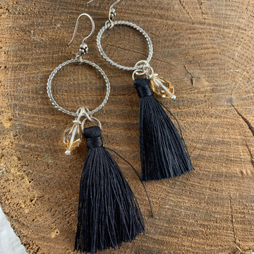 Silver Hoops and Black Satin Dangles