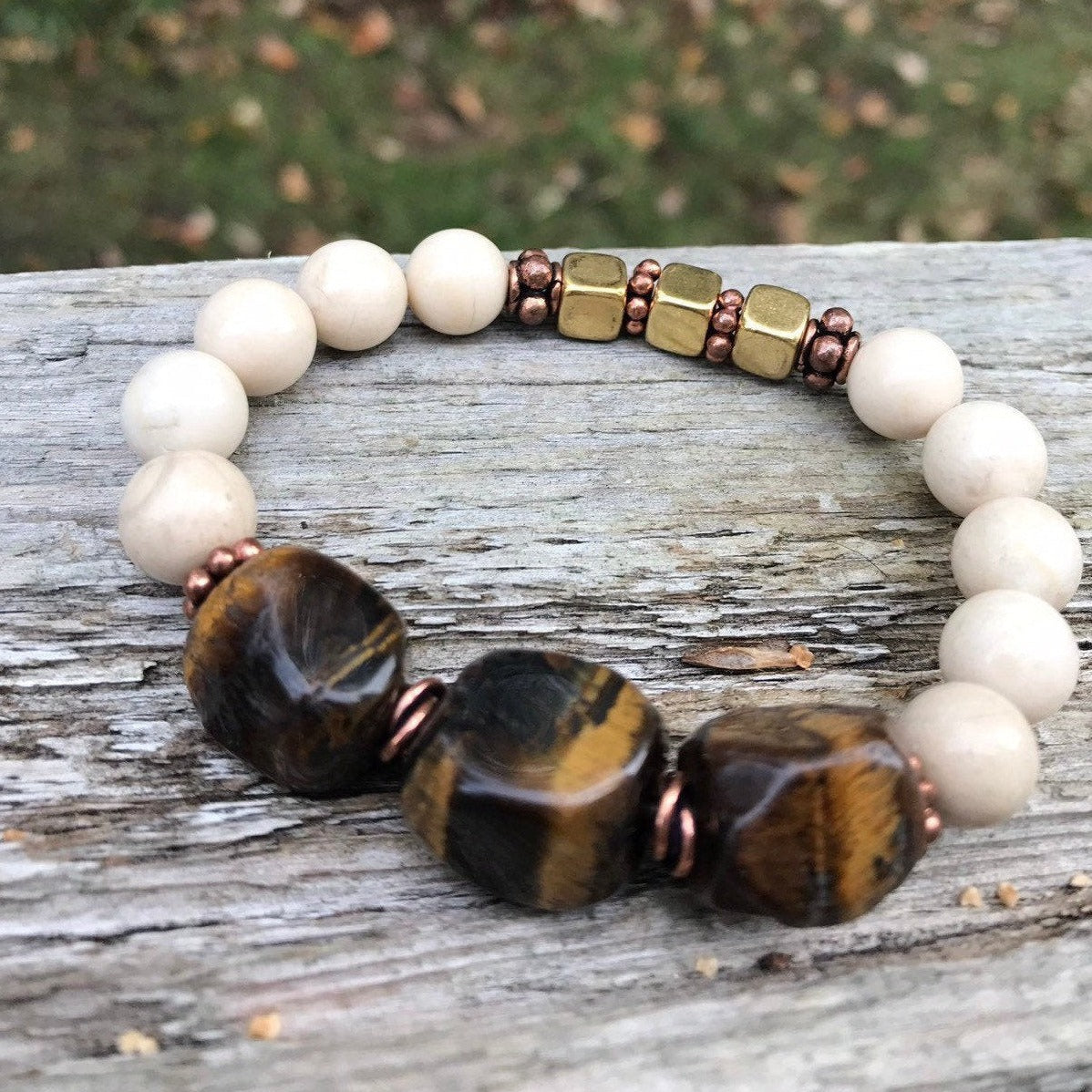 Tigers Eye, White Jasper, and Brass Stackable
